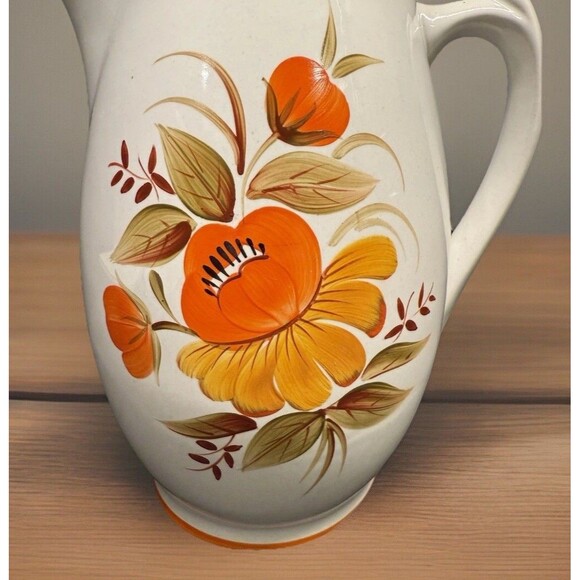 RareMCM White ceramic Lidded Pitcher Orange Flower 9.75” Tall Coffee Water Tea - Picture 5 of 13